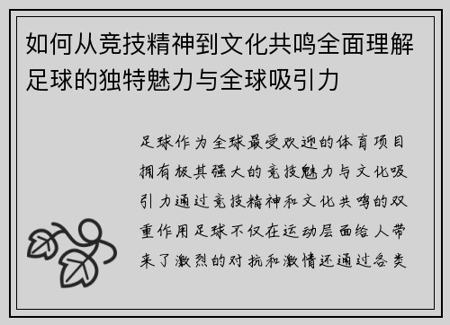 如何从竞技精神到文化共鸣全面理解足球的独特魅力与全球吸引力