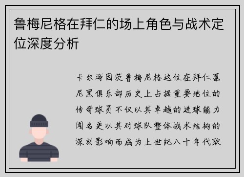 鲁梅尼格在拜仁的场上角色与战术定位深度分析